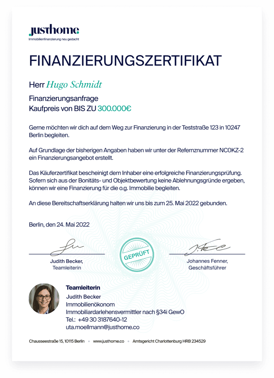 Finanzierungszertifikat Muster