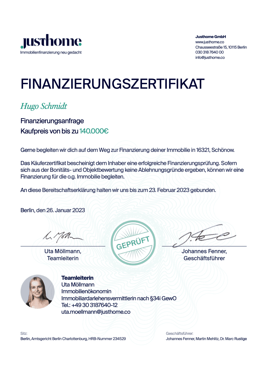 Finanzierungszertifikat Muster